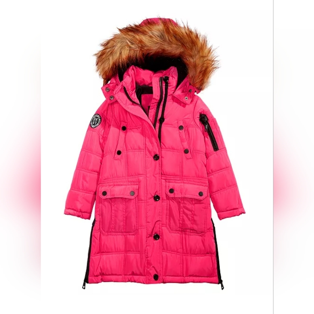 DKNY Berry Pink Puffer Coat with Detachable Faux Fur Trimmed Hood Size Large